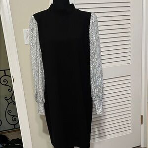 Nicole Miller LBD with sequined sleeves.